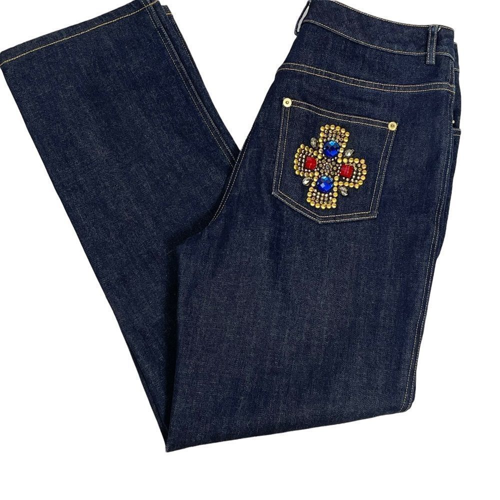 St John Blue Jeans Rhinestone Cross Pocket Dark Wash Denim Bootcut Size 8